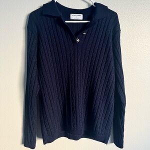 Alfred Dunner Women’s Navy V-Neck Cable Knit Polo Sweater cabincore preppy L